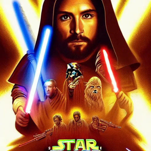 Image similar to super detailed star wars movie poster with Jesus Christ and kim kardashian, 8k full HD photo, cinematic lighting, anatomically correct, oscar award winning, action filled, correct eye placement,