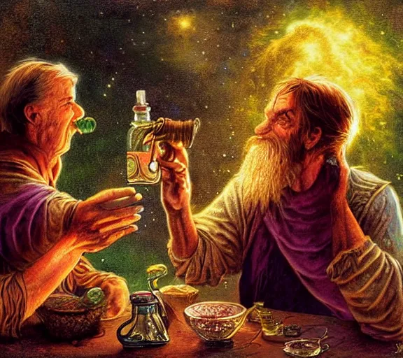 Prompt: A richly detailed fantasy digital art of an ancient vintage apothecary magic arcane nebula healing elixir potion bottle trading card an esoteric blender render by Bob Eggleton, two jolly wizards enthusiastically drinking and imbibing magic potions