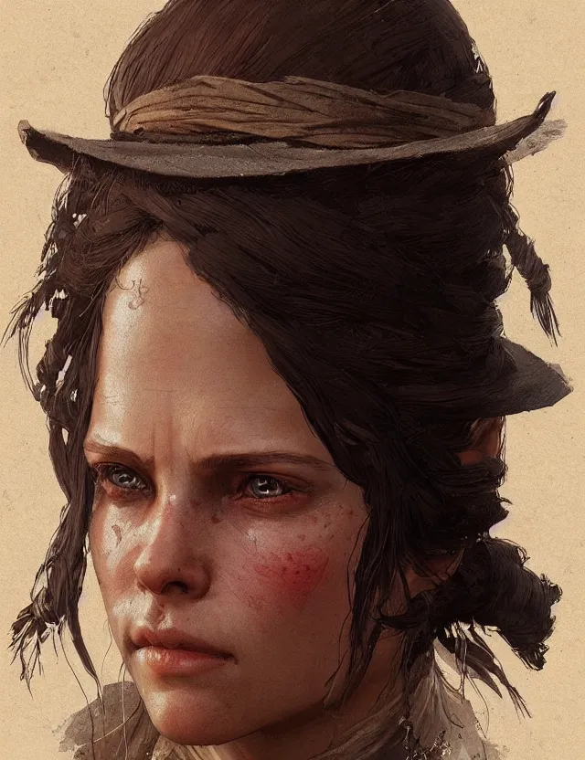 Prompt: close face portrait of a beautiful young female merchant red dead redemption 2 concept art, art by ryo shiotani and greg rutkowski, intricate, beautiful, cute, cinematic lighting, vintage art by serge ivanoff, high resolution, very detailed