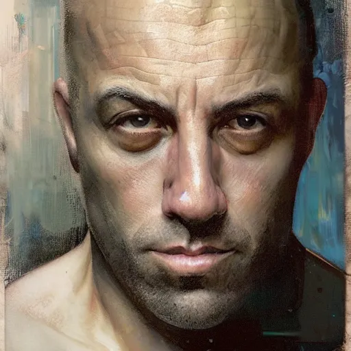 Image similar to hyperrealist portrait of joe rogan by jeremy mann and alphonse mucha, fantasy art, photo realistic, dynamic lighting, artstation, poster, volumetric lighting, very detailed faces, award winning