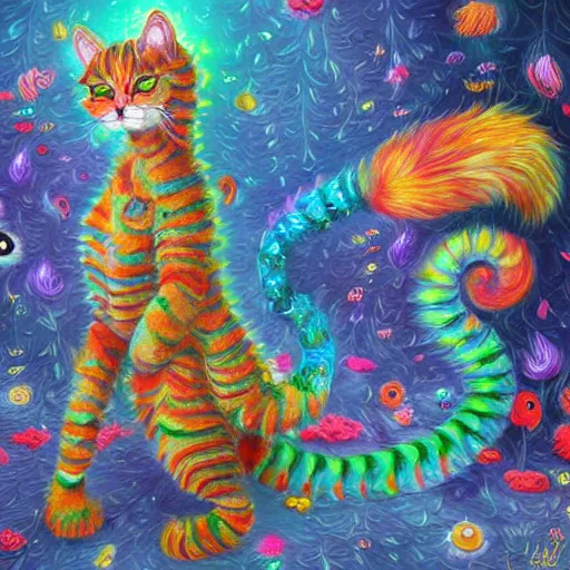 Prompt: cat seahorse shapeshifter, long haired humanoid fursona, detailed painterly digital art by wlop, louis wain, lisa frank, furaffinity, cgsociety, trending on artstation