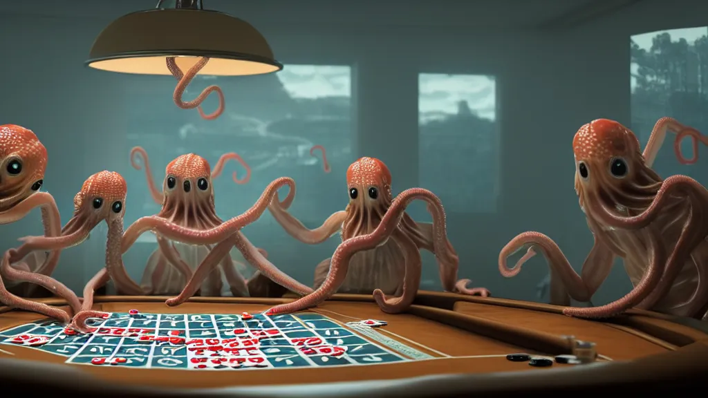 Image similar to hyperrealism simulation highly detailed human octopuses'wearing transparent jackets, playing poker in surreal scene from art house movie from future by wes anderson rendered blender and octane render