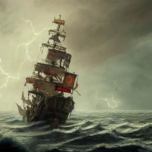 Image similar to A pirate ship in the middle of the sea during a storm, fantasy art, in the style of greg rutkowski, illustration, epic, fantasy, intricate, hyper detailed, artstation, concept art, smooth, sharp focus, ray tracing