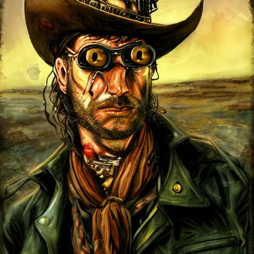 Image similar to portrait of a corrupted eldritch cowboy in a scenic environment by simon bisley, steampunk, lovecraftian, oldwest, beast, corruption, eyes
