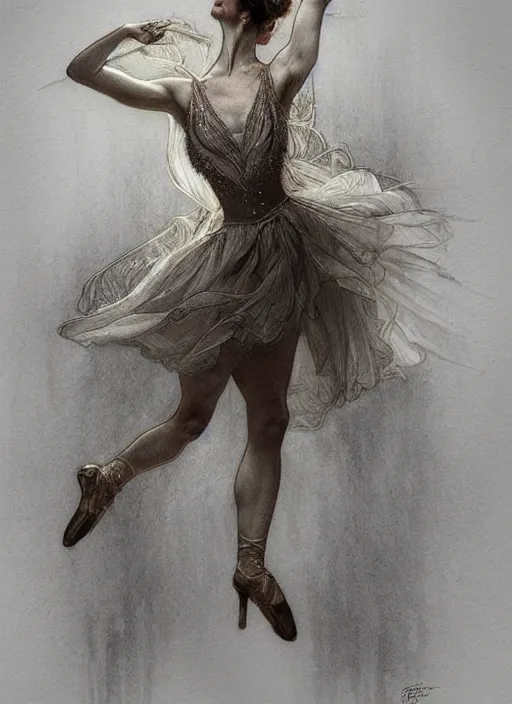 Image similar to a beautifull intricate pencil painting of a dancing ballerina, reflexions, verry high details by william turner art, greg rutkowski and alphonse mucha, trending on artstation, very very detailed, masterpiece, muted colors