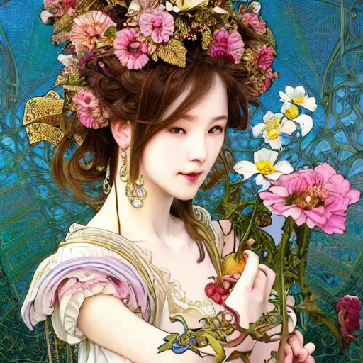 Image similar to a masterpiece ultrarealistic ultradetailed portrait of beautiful love, jewelry genius, witch girl on fruits street market baroque renaissance. medium shot, intricate, elegant, by stanley artgerm lau, wlop, alphonse mucha, rossdraws, andrei riabovitchev, yoshitaka amano. flower background my james jeand and takashi murakami.