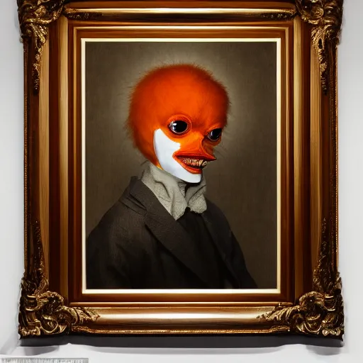 Image similar to a taxidermized humanaized orange, in a museum, portrait, sad eyes