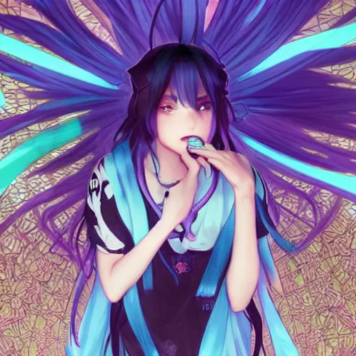 Prompt: hatsune miku eating small boy with back hair and blue purple eye, anime style, hyper detailed, illustration, digital painting, art by artgerm and greg rutkowski and alphonse mucha, high delicate defined details, anime stylized, highly detailed