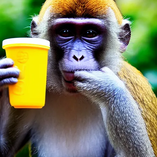 Prompt: monkey drinking water at McDonald’s