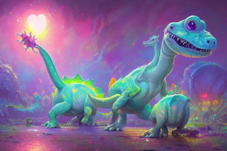 Prompt: a psychedelic realm made entirely out of love and acceptance, astral beings sharing love. filled with cute smiling glowing chibi style pixar baby dinosaurs in the style of greg rutkowski! and wlop and lisa frank! and bob ross!!! and ruan jia, illustration, epic, fantasy, hyper detailed, smooth, unreal engine, sharp focus, ray tracing