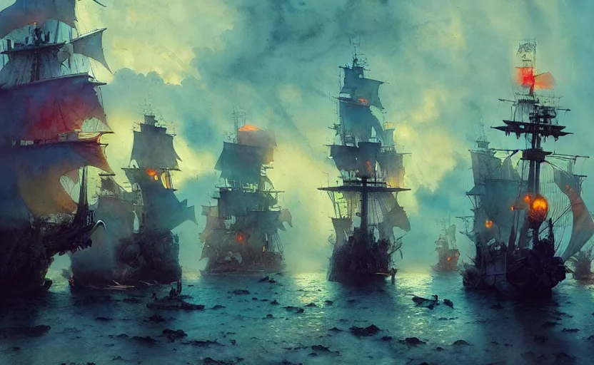 Image similar to pirate galleon fleet. intricate, amazing composition, colorful watercolor, by ruan jia, by maxfield parrish, by marc simonetti, by hikari shimoda, by robert hubert, by zhang kechun, illustration, gloomy, volumetric lighting, fantasy