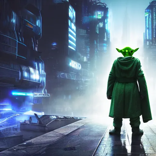 Prompt: yoda in cyberpunk city, photorealistic, HDR, 4k, wallpaper, epic, Cinematic