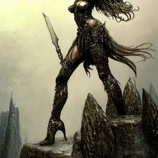 Image similar to valkyrie standing triumphantly atop a pile of bones by luis royo, epic fantasy, soft details, illustration, artstation, intricate, sharp focus, highly detailed, elegant, concept art