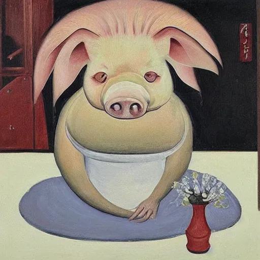 Image similar to “a portrait in an art student’s apartment, a feminine pig sitting at a dining table, pork, ikebana white flowers, white wax, squashed berries, acrylic and spray paint and oilstick on canvas, by munch and Dali”