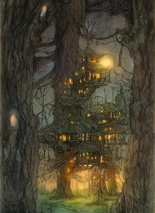 Image similar to treehouse city in the forest with fairy lights, light ground fog, river, detailed fantasy watercolor comic style, subtle colors, by alan lee and john howe