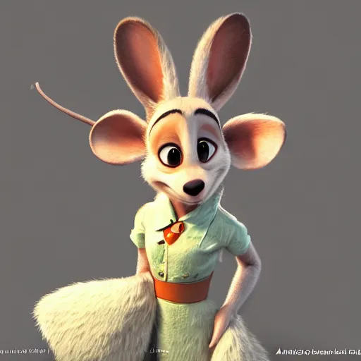 Image similar to 3 d render, portrait, anthropomorphic mouse, female, in a maxi white dress, in the style of zootopia, closeup, artstation, headshot