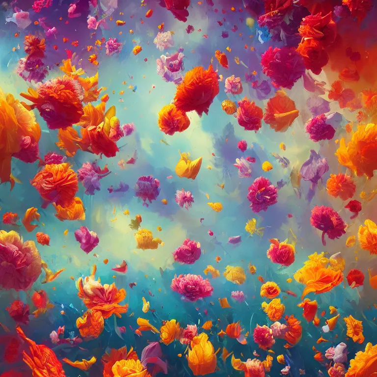Image similar to a painting of a bunch of flowers floating in the air, a surrealist painting by rhads, james jean, alberto seveso, behance contest winner, psychedelic art, made of flowers, wallpaper, art