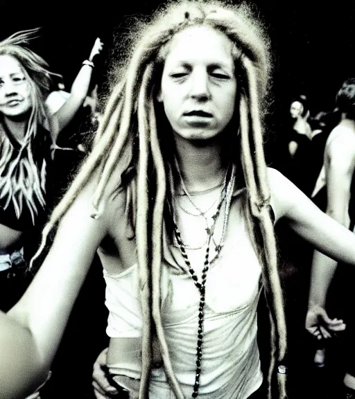 Prompt: portrait of a stunningly beautiful hippie girl with shoulder length blonde dreadlocks dancing at a rave festival, by bruce davidson