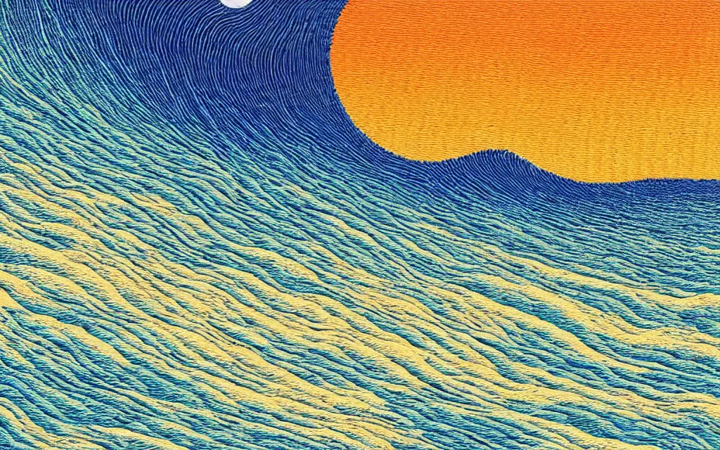 Image similar to a beutiful sunset on a beach, fractal waves. japanese embroidery. retro minimalist art by jean giraud.