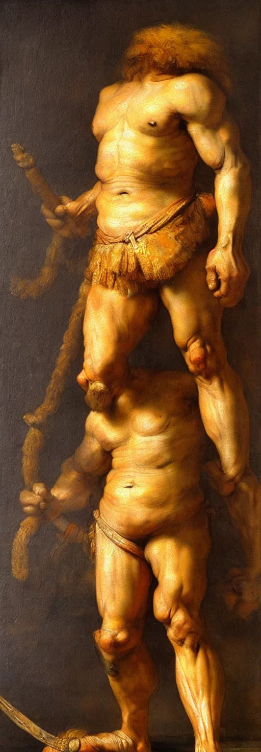 Prompt: muscular lion as barbarian ful body ,human legs ,very textured detailed oil painting by rembrandt