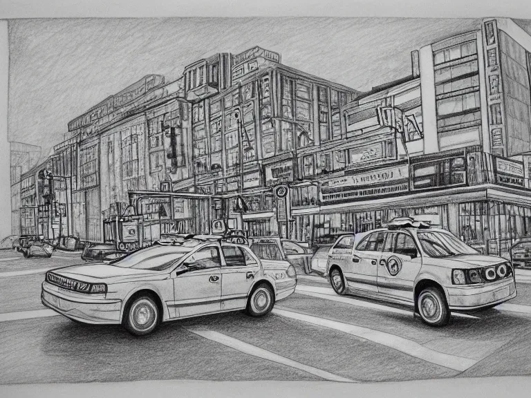 Prompt: a pencil drawing of one single taxi cab. by pen tacular