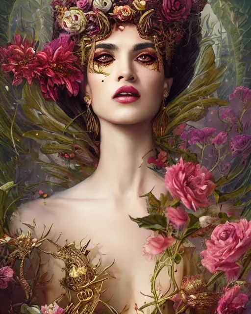 Image similar to portrait of the arabic queen of the underworld, surrounded by flowers by karol bak, james jean, tom bagshaw, rococo, sharp focus, trending on artstation, cinematic lighting, hyper realism, octane render, 8 k, hyper detailed.