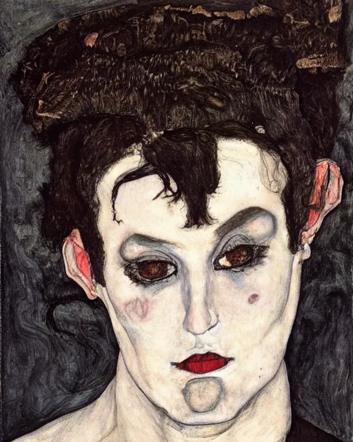 Image similar to A goth portrait painted by Egon Schiele. Her hair is dark brown and cut into a short, messy pixie cut. She has a slightly rounded face, with a pointed chin, large entirely-black eyes, and a small nose. She is wearing a black tank top, a black leather jacket, a black knee-length skirt, a black choker, and black leather boots.