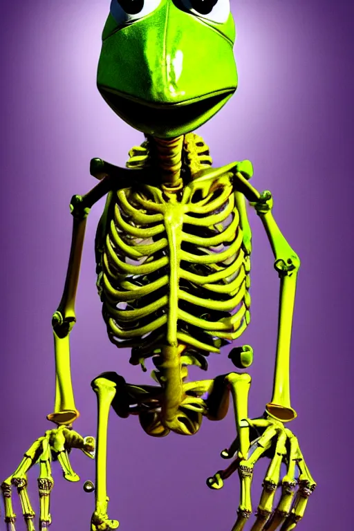 Image similar to movie poster of kermit the terminator, chromatic humanoid skeleton frog skeleton hybrid, robot, ultra realistic, cinematic lighting hd photography,