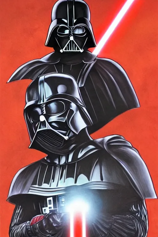 Image similar to Elon Musk portrayed as Darth Vader, holding his helmet under his arm, wearing his power armor and red lightsaber, luigi lucarelli's style