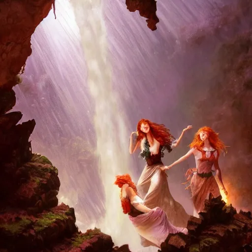 Image similar to an extremely detailed portrait of four polyamorous red haired witches dancing while hiding from a thunderstorm in a cave behind a waterfall, epic fantasy, viewed in profile from far away, sharp focus, detailed face, art by greg rutkowski and alphonse mucha, volumetric lighting, 4 k resolution, trending on artstation, masterpiece