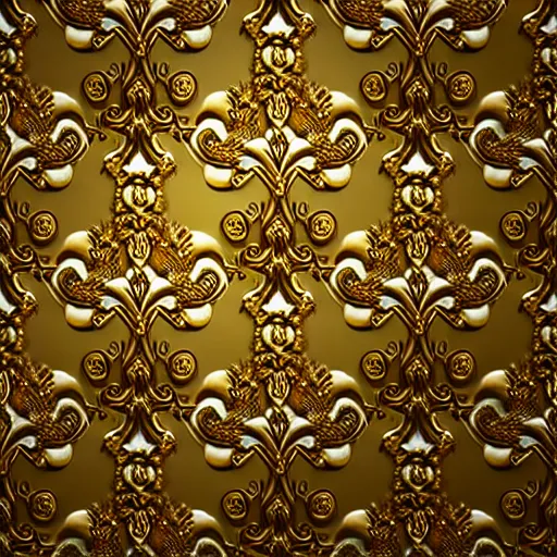 Prompt: seamless 3D baroque gold pattern, Beautiful dynamic shadows , gold and pearls, symmetrical, rococo elements, damask, Artstation, versace pattern, concept design art, Octane render,8K