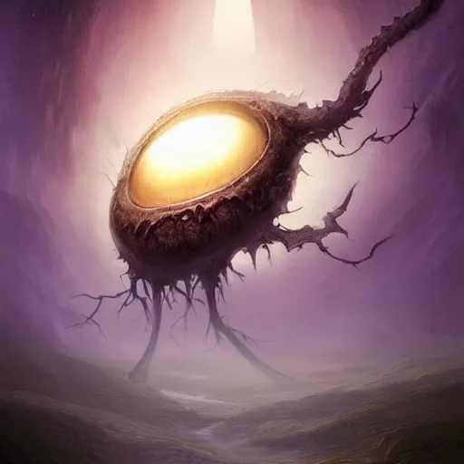 Image similar to epic portrait an giant eyeball with giant arms watching the purple foggy dark landscapes, sand, purple dark foggy sky, digital painting, artstation, concept art, soft light, hdri, smooth, sharp focus, illustration, fantasy, intricate, elegant, highly detailed, D&D, matte painting, in the style of Greg Rutkowski and Alphonse Mucha and artemisia, 8k, highly detailed, jurgens, rutkowski, bouguereau, pastoral, rustic, georgic