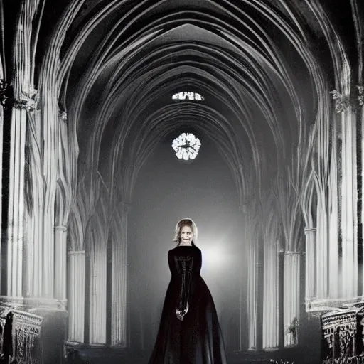 Image similar to jennifer lawrence as a vampire in a gloomy gothic cathedral at night