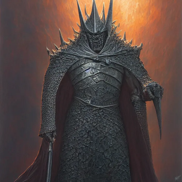 Image similar to portrait of the witch king of angmar in copper armor, by michael whelan, fantasy art oil on canvas