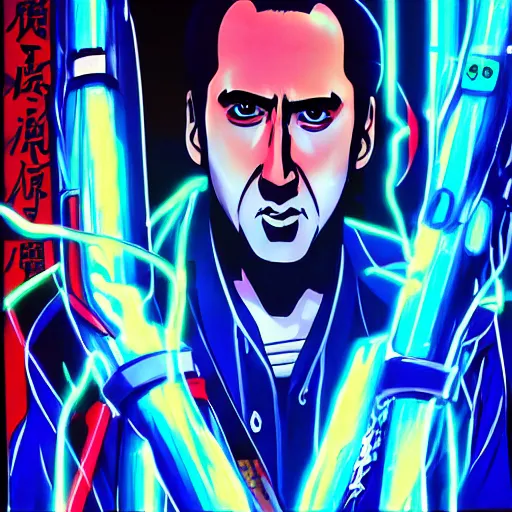 Image similar to beautiful amazing anime portrait painting of nicholas cage in tokyo. neon lights. by hayao miyazaki, katsuhiro otomo, akira toriyama, satoshi kon, eiichiro oda, hideaki anno