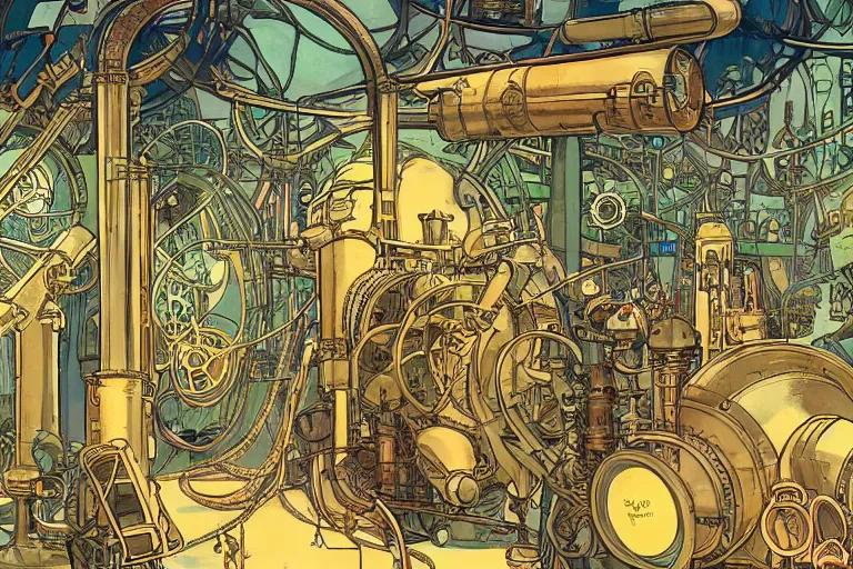 Prompt: close up view on steampunk lab with big vapor tubes and alchemy equipment, mad scientist working, giant video screens, sci - fi vending machine, clock, retrofuturism, concept art by mucha and moebius and victo ngai, clean line, diesel punk