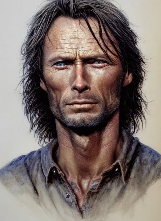 Prompt: Clint Eastwood as Aragorn by Alan Lee, medium shot, very detailed eyes, golden hour, concept art, detailed clothing, art station, oil painting