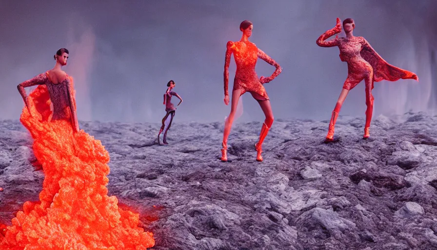 Prompt: A fashion Catwalk on a active volcano spewing lava, Fashion Photography, Octane, Redshift, High Detail