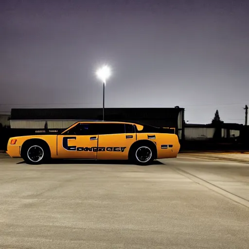 Image similar to a photo of a dodge charger county sheriff livery parked in an empty parking lot at night