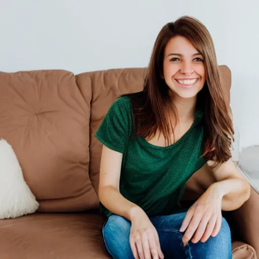 Image similar to a cute young woman smiling, long shiny bronze brown hair, full round face, green eyes, medium skin tone, light cute freckles, smiling softly, wearing casual clothing, relaxing on a modern couch, interior lighting, cozy living room background, medium shot, mid-shot, soft focus