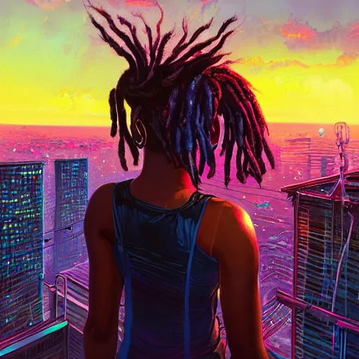 Prompt: a black girl with colorful dreadlocks sitting on top of a skyscraper in the cyberpunk city at sunset, by greg rutkowski and android jones and Alena Aenami, oil on canvas, vibrant color scheme 8k