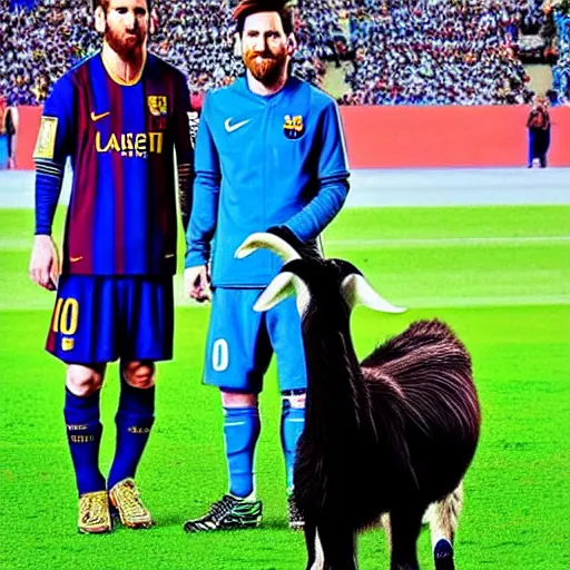 Prompt: lionel messi standing beside a majestic goat, intricate, elegant, highly detailed