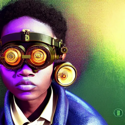 Prompt: vfx portrait - art of a nigerian boy wearing colourful steam punk goggles, art by utagawa kunisada & james jean, volumetric light, symmetrical, ray tracing, unreal engine, octane 3 d render, sharp, detailed, digital render, illustration, highly detailed, intricate detail, pinterest, behance, art station,