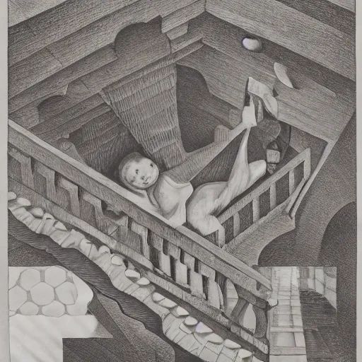 Image similar to once upon a midnight dreary, while i pondered, weak and weary, over many a quaint and curious volume of forgotten lore, while i nodded, nearly napping, suddenly there came a tapping, painting by escher, 8 k,