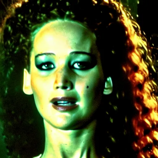 Image similar to jennifer lawrence as the bride of frankenstein, color photography, sharp detail, clever smile, still from the movie van helsing