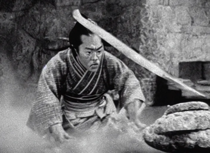 Prompt: a movie still of a samurai aggressively slicing a loaf of bread, a movie by Akira Kurosawa