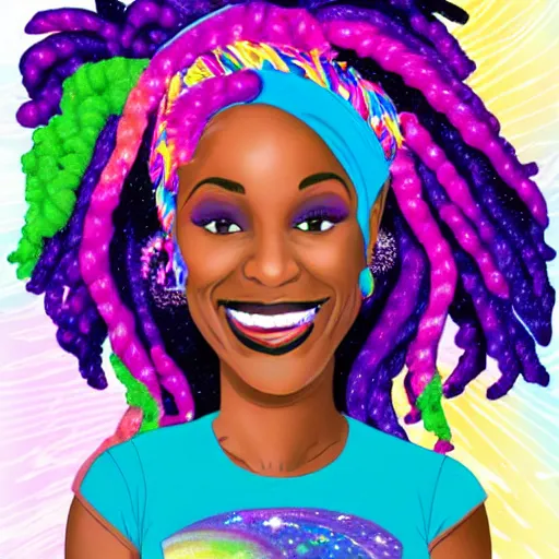 Prompt: black woman with purple dreads in space in the style of lisa frank