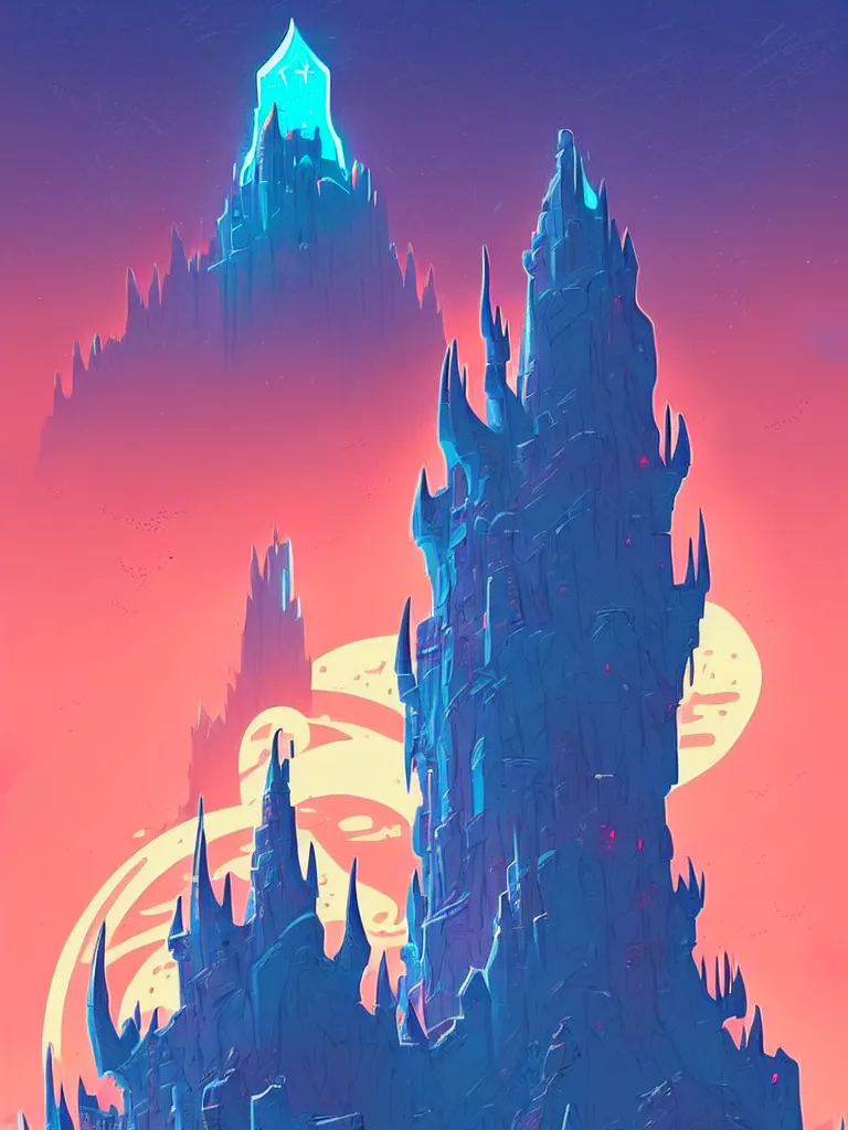 Prompt: a travel poster illustration depicting icecrown citadel at sunset, vintage style, detailed illustration, digital painting, vector art, trending on artstration, trending on behance, by anton fadeev, by alena aenami, by makato shinkai