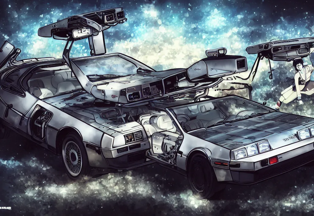 Image similar to An anime art of two delorean, digital art, 8k resolution, anime style, high detail, lowrider style, wide angle