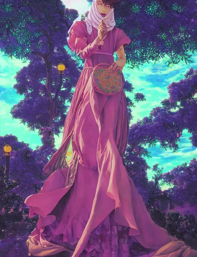 Image similar to middle eastern scifi alchemist at the rose garden, wearing a lovely dress with vaporwave details. this oil painting by the award - winning mangaka has an interesting color scheme and impeccable lighting.